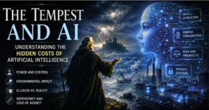 The Tempest and AI concept showing a Shakespearean figure facing a digital AI face, with hidden AI costs including data extraction, energy consumption, bias, inequality, and privacy erosion.