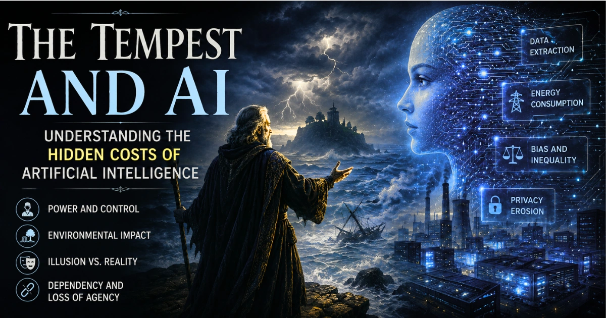 The Tempest and AI concept showing a Shakespearean figure facing a digital AI face, with hidden AI costs including data extraction, energy consumption, bias, inequality, and privacy erosion.
