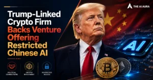 Donald Trump pictured with cryptocurrency symbols, an AI chip, and the Chinese flag, illustrating a crypto firm backing a venture offering restricted Chinese AI.