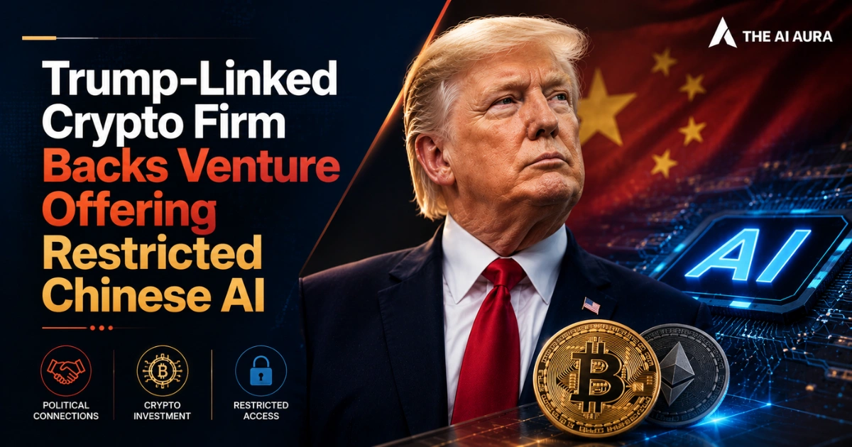 Donald Trump pictured with cryptocurrency symbols, an AI chip, and the Chinese flag, illustrating a crypto firm backing a venture offering restricted Chinese AI.