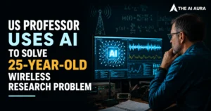 US professor uses AI to solve a 25-year-old wireless research problem, shown working with AI data analysis on a computer.