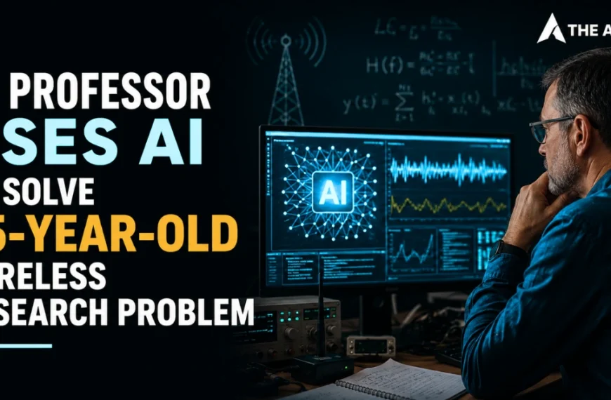 US professor uses AI to solve a 25-year-old wireless research problem, shown working with AI data analysis on a computer.