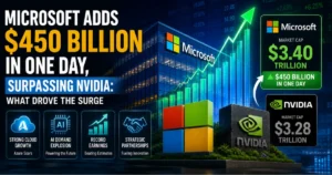 Microsoft stock surge with a $450 billion one-day market value gain, rising financial charts, Microsoft and Nvidia market-cap comparison, and AI and cloud growth indicators.