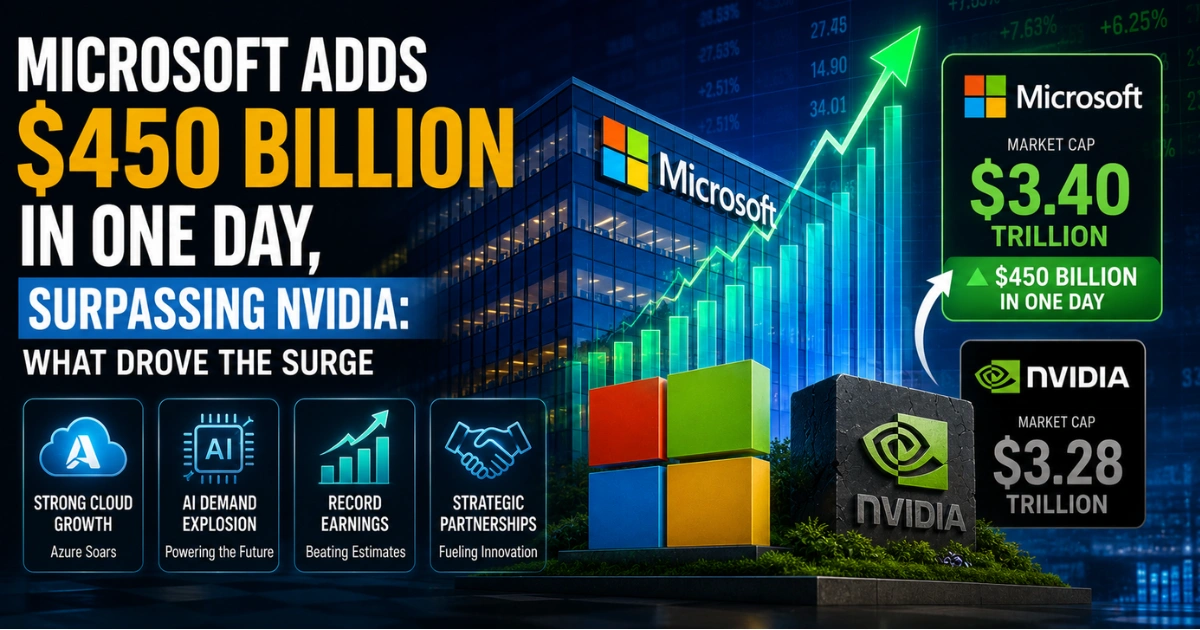 Microsoft stock surge with a $450 billion one-day market value gain, rising financial charts, Microsoft and Nvidia market-cap comparison, and AI and cloud growth indicators.