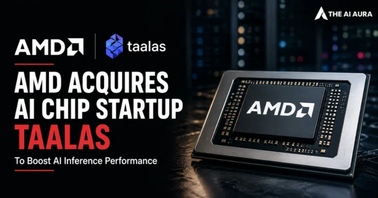 AMD acquires AI chip startup Taalas to boost AI inference performance, featuring an AMD chip in a data center setting.