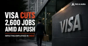 Visa cuts 2,600 jobs amid AI push, with a departing employee and Visa office building in the background.