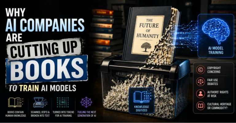 AI companies cutting up books to digitize knowledge for AI model training, highlighting copyright concerns, fair use debates, and authors’ rights.