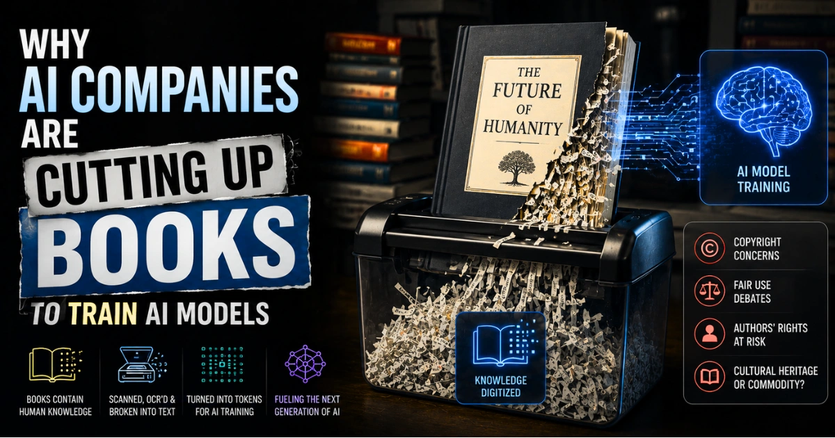 AI companies cutting up books to digitize knowledge for AI model training, highlighting copyright concerns, fair use debates, and authors’ rights.