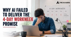 AI fails to deliver the four-day workweek promise, showing an overworked employee at a laptop beside a four-day workweek calendar.