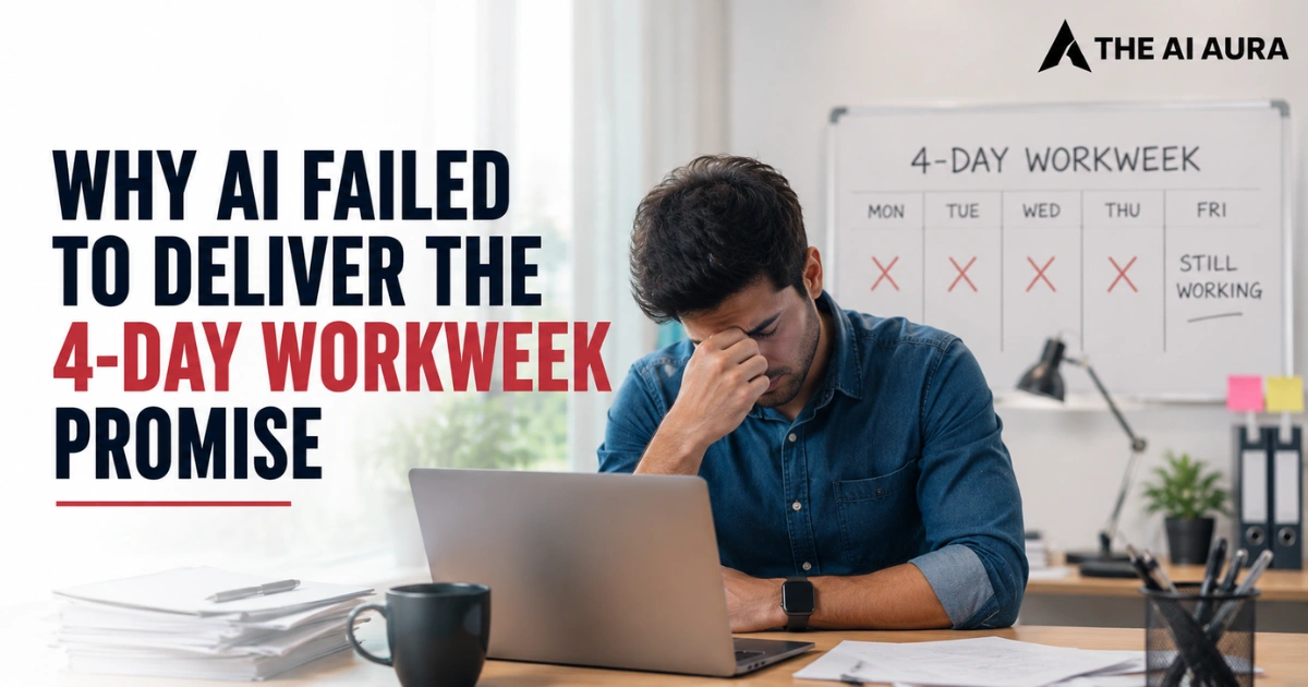 AI fails to deliver the four-day workweek promise, showing an overworked employee at a laptop beside a four-day workweek calendar.