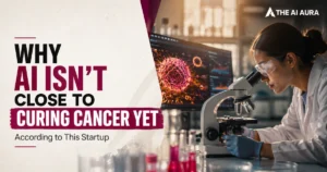 AI researcher examining cancer cells under a microscope while analyzing medical data on a computer screen.