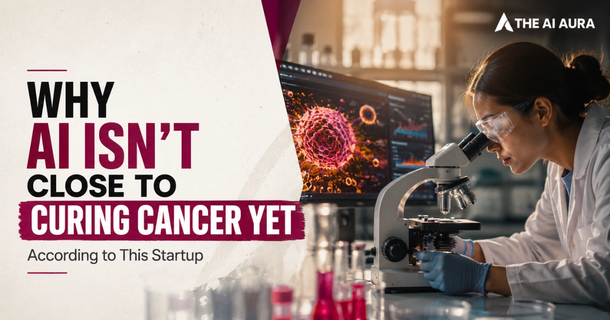 AI researcher examining cancer cells under a microscope while analyzing medical data on a computer screen.