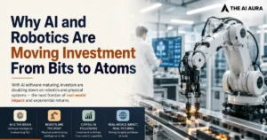 AI-powered robotics investment shifts from software to physical systems, featuring a robotic arm in a smart manufacturing facility.