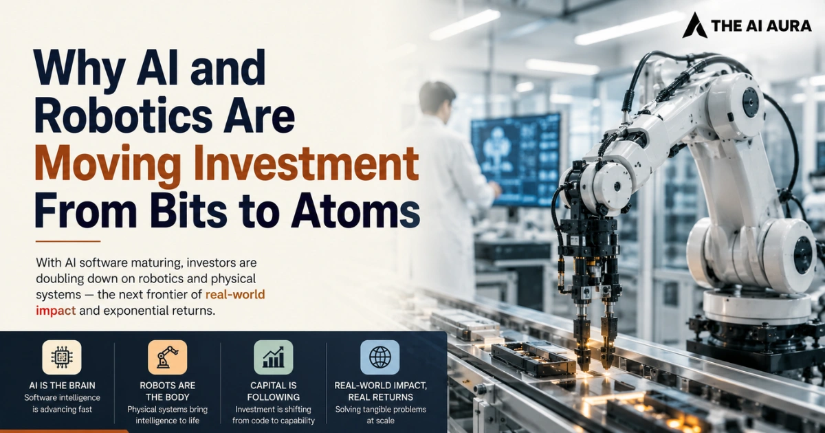 AI-powered robotics investment shifts from software to physical systems, featuring a robotic arm in a smart manufacturing facility.