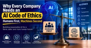 AI code of ethics concept showing a balance between humans first and machines second, with principles of fairness, transparency, accountability, privacy, and human-centric AI design.