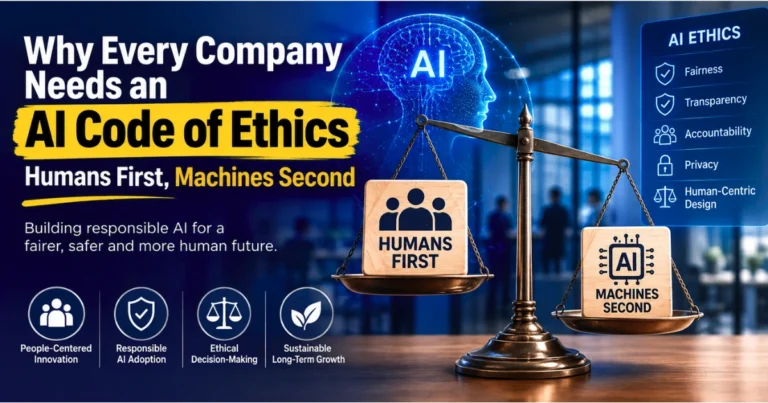 AI code of ethics concept showing a balance between humans first and machines second, with principles of fairness, transparency, accountability, privacy, and human-centric AI design.