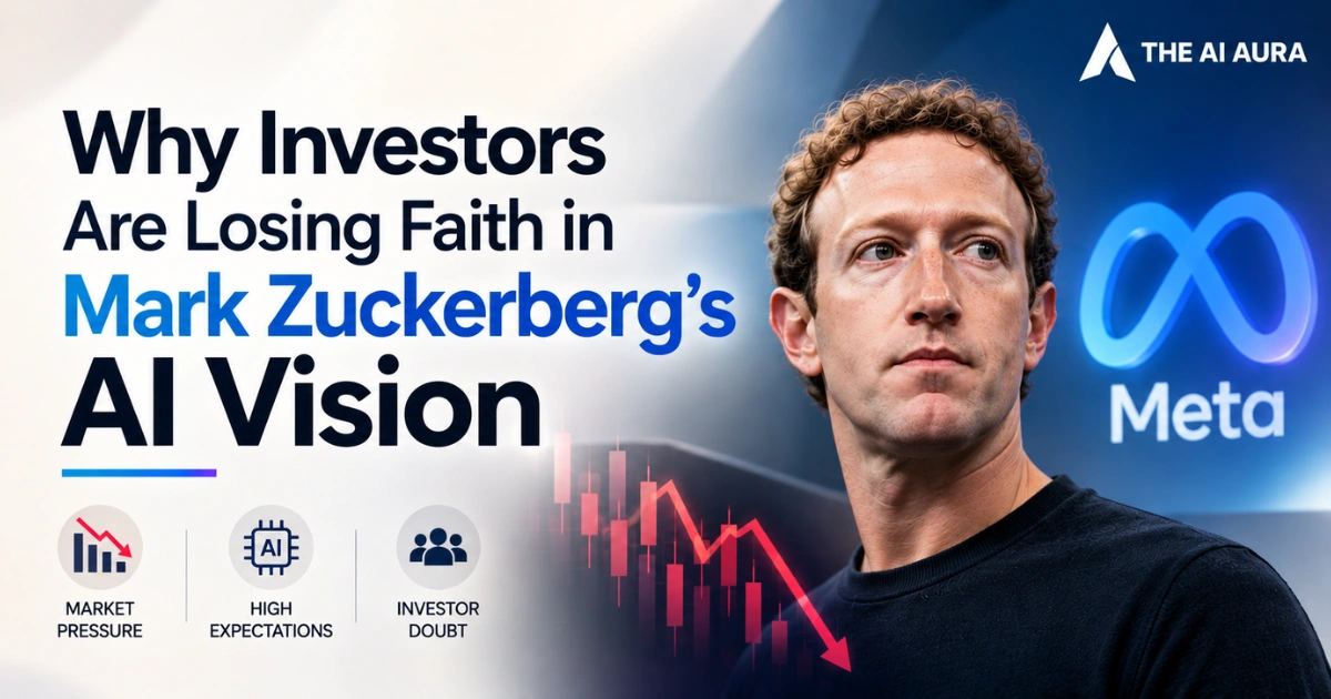 Mark Zuckerberg and the Meta logo with a declining stock chart, highlighting investor concerns over his AI vision.