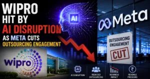 Wipro faces AI disruption as Meta cuts its outsourcing engagement, featuring Wipro and Meta logos, an AI graphic, falling business chart, and reduced outsourcing indicators.