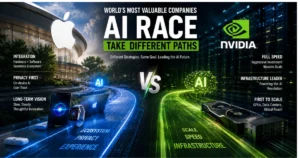 Apple and Nvidia take different paths in the AI race, with Apple’s ecosystem-focused strategy contrasted against Nvidia’s AI infrastructure, GPUs, data centers, and rapid scaling.