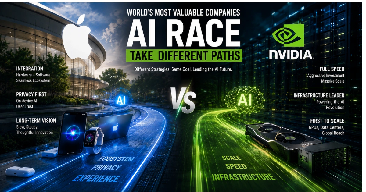 Apple and Nvidia take different paths in the AI race, with Apple’s ecosystem-focused strategy contrasted against Nvidia’s AI infrastructure, GPUs, data centers, and rapid scaling.