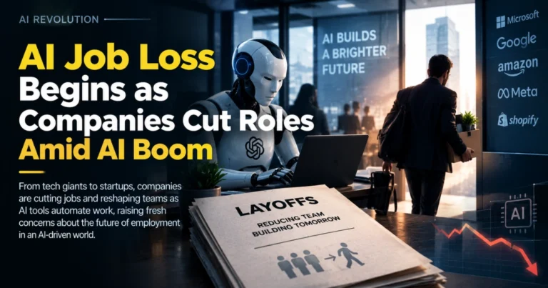 AI-driven job cuts as companies reduce roles and automate work with AI robots.