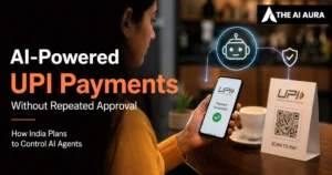 AI-powered UPI payments in India without repeated approval, showing a successful mobile payment and QR code with AI agent controls.