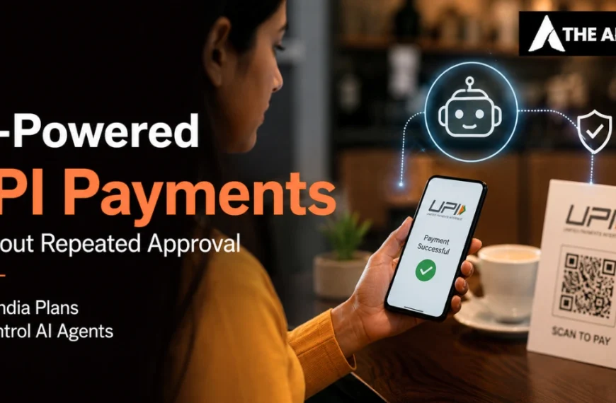 AI-powered UPI payments in India without repeated approval, showing a successful mobile payment and QR code with AI agent controls.