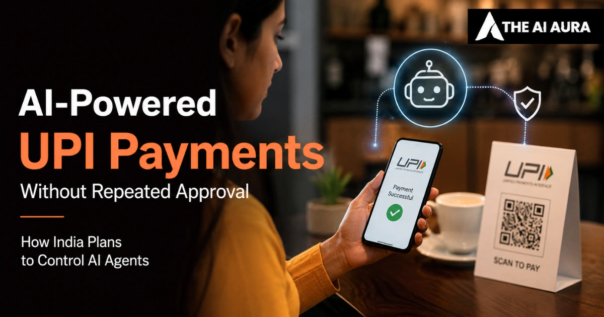 AI-powered UPI payments in India without repeated approval, showing a successful mobile payment and QR code with AI agent controls.
