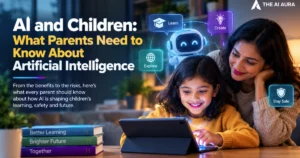 AI and children concept showing a mother and daughter using a tablet with an AI robot representing learning, creativity, exploration, and safety.