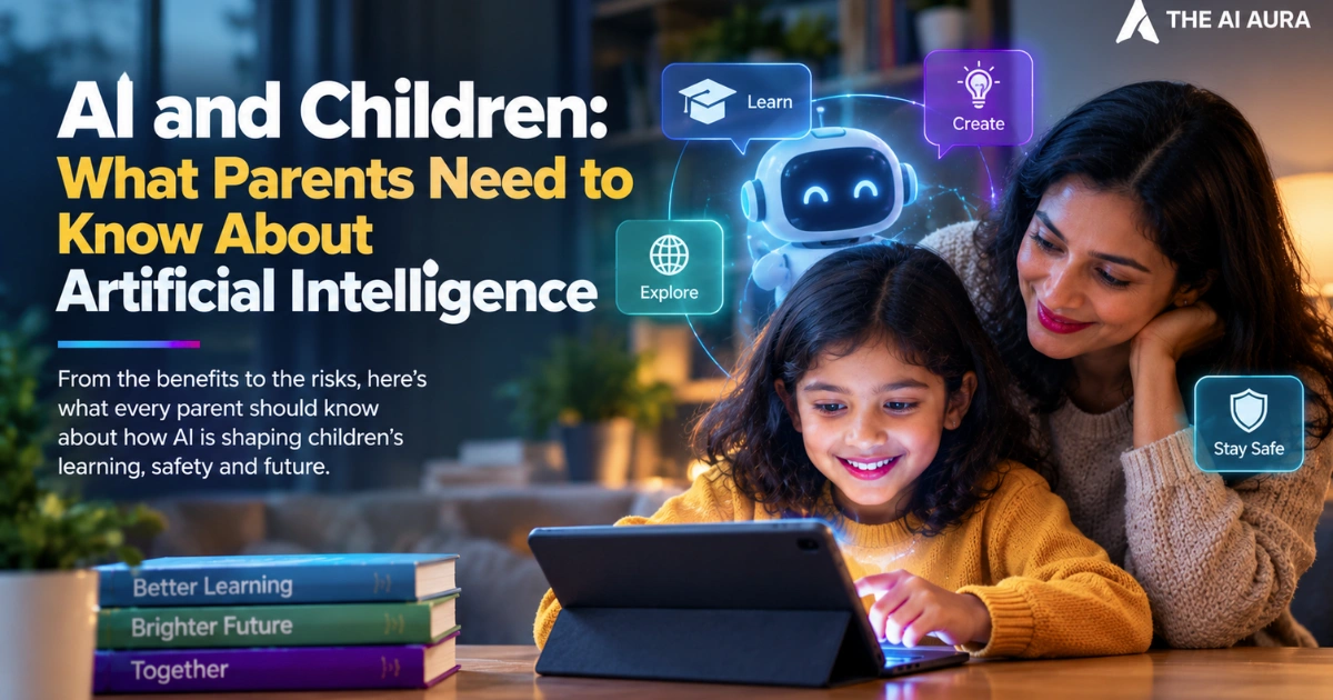 AI and children concept showing a mother and daughter using a tablet with an AI robot representing learning, creativity, exploration, and safety.