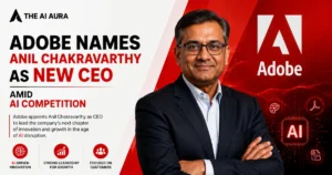 Adobe appoints Anil Chakravarthy as CEO, featuring his portrait with the Adobe logo and AI technology graphics.