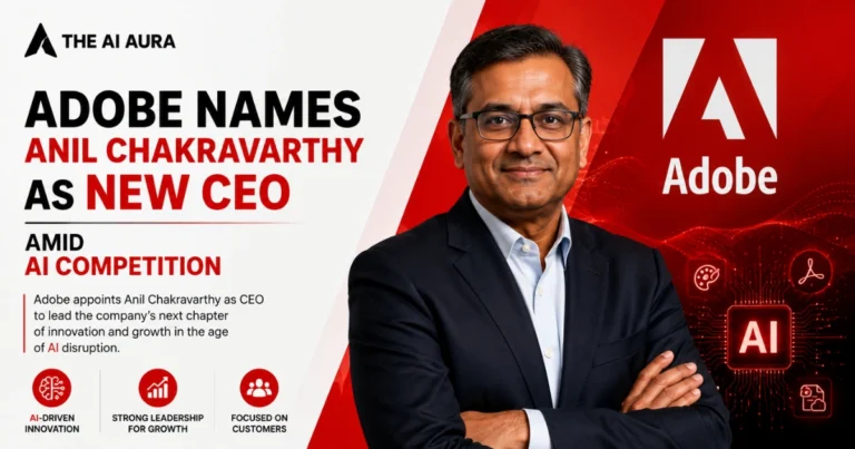 Adobe appoints Anil Chakravarthy as CEO, featuring his portrait with the Adobe logo and AI technology graphics.