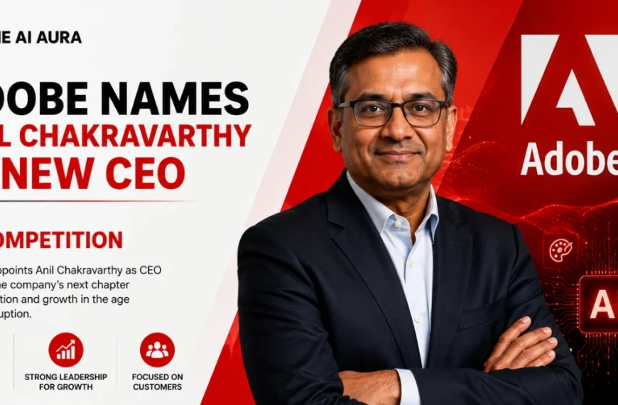 Adobe appoints Anil Chakravarthy as CEO, featuring his portrait with the Adobe logo and AI technology graphics.