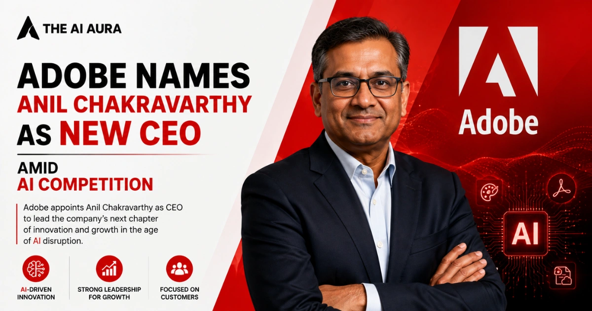 Adobe appoints Anil Chakravarthy as CEO, featuring his portrait with the Adobe logo and AI technology graphics.