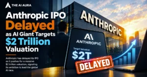 Anthropic IPO delayed as the AI company targets a $2 trillion valuation, with its office, AI valuation graphic, and rising market chart.