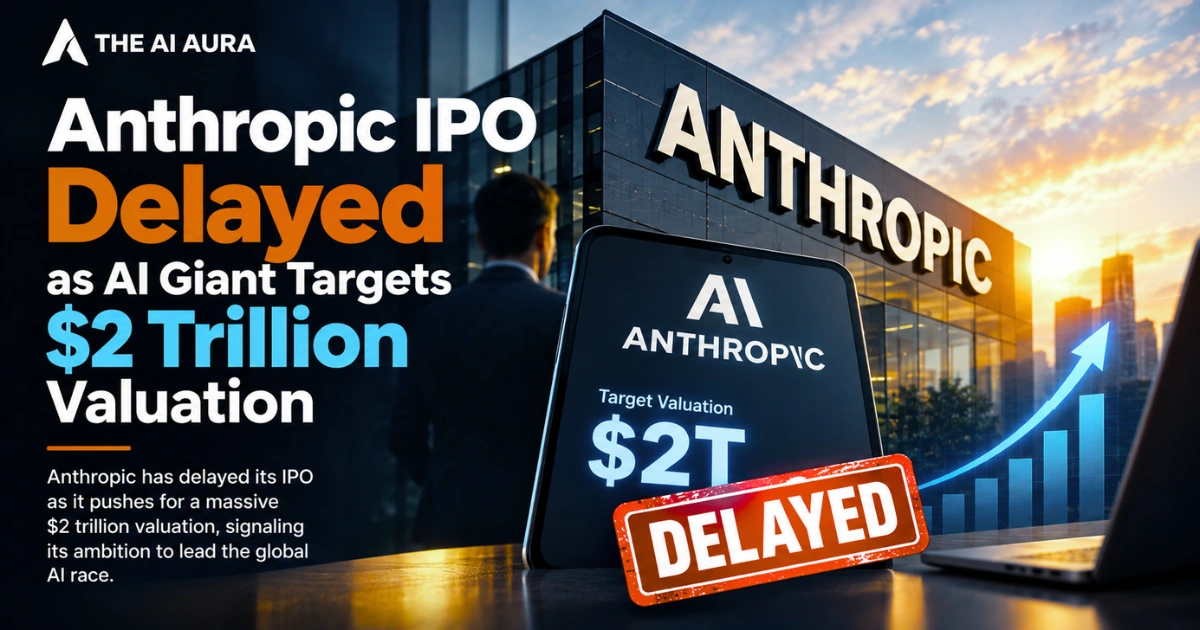 Anthropic IPO delayed as the AI company targets a $2 trillion valuation, with its office, AI valuation graphic, and rising market chart.