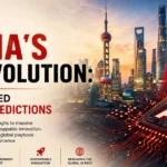 China’s AI revolution illustrated with Shanghai skyline, Chinese flag, and an AI chip representing technological innovation and global competition.