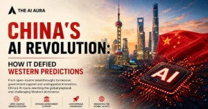 China’s AI revolution illustrated with Shanghai skyline, Chinese flag, and an AI chip representing technological innovation and global competition.