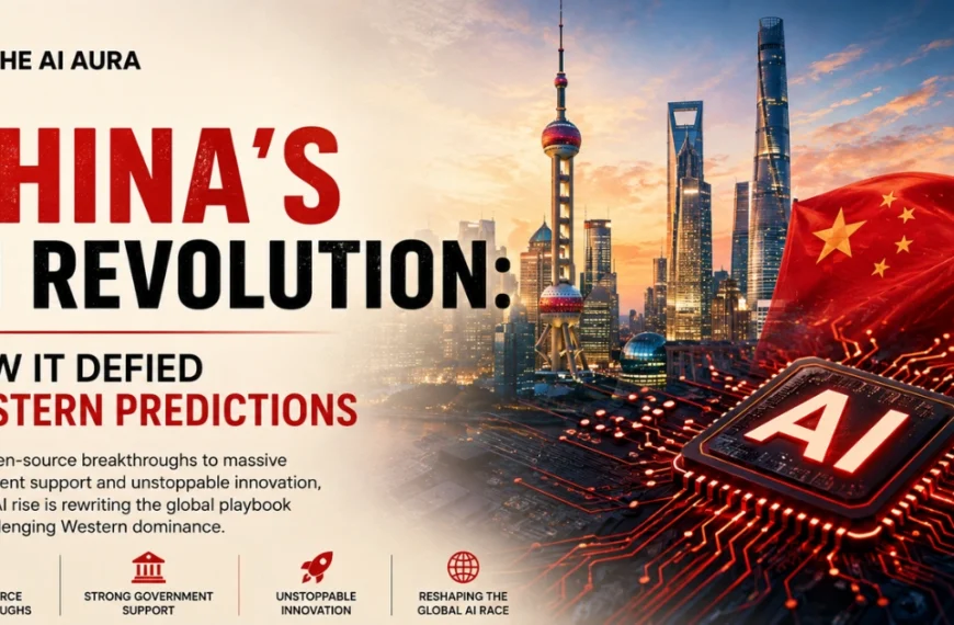 China’s AI revolution illustrated with Shanghai skyline, Chinese flag, and an AI chip representing technological innovation and global competition.