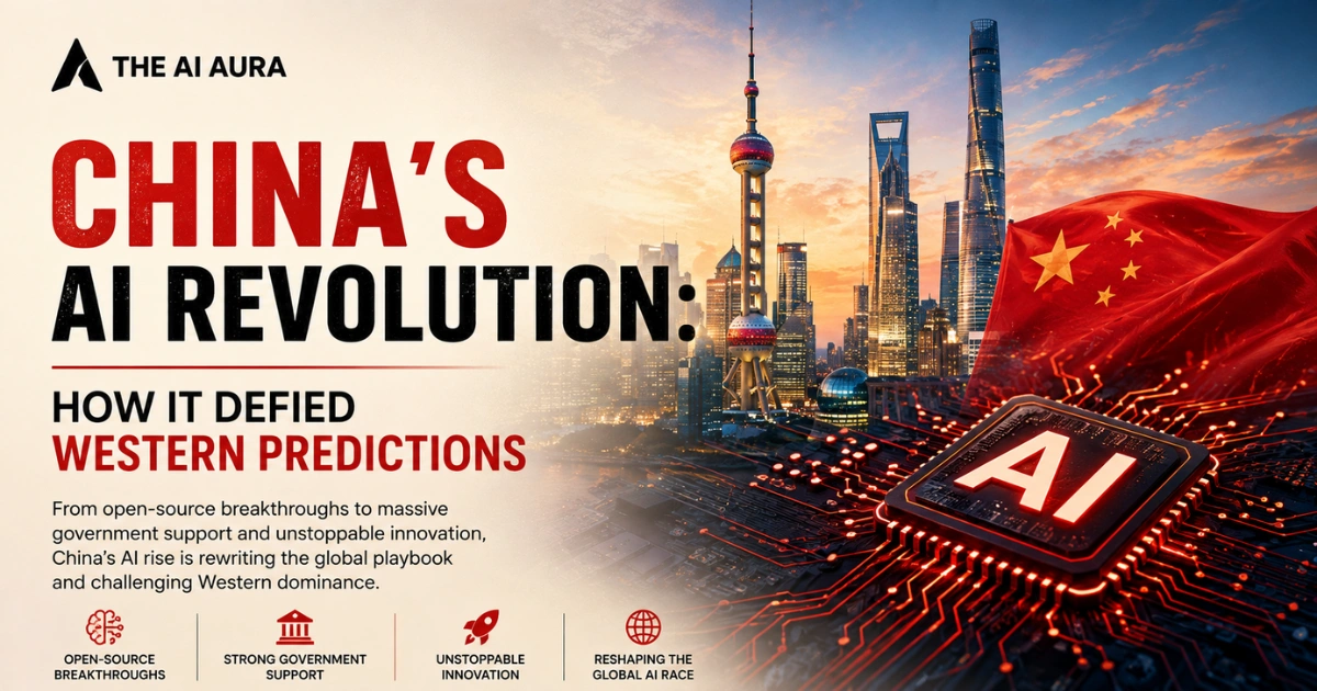 China’s AI revolution illustrated with Shanghai skyline, Chinese flag, and an AI chip representing technological innovation and global competition.