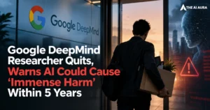Google DeepMind researcher leaving the company with boxes, alongside a visual of an AI face and warning symbol, illustrating concerns that AI could cause immense harm within five years