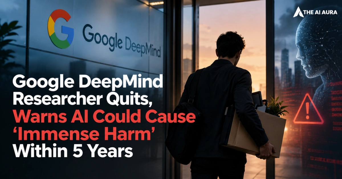 Google DeepMind researcher leaving the company with boxes, alongside a visual of an AI face and warning symbol, illustrating concerns that AI could cause immense harm within five years
