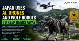 A robotic wolf stands on a mountain road, with a drone overhead and a bear-warning sign nearby.