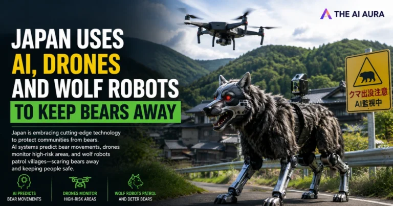 A robotic wolf stands on a mountain road, with a drone overhead and a bear-warning sign nearby.