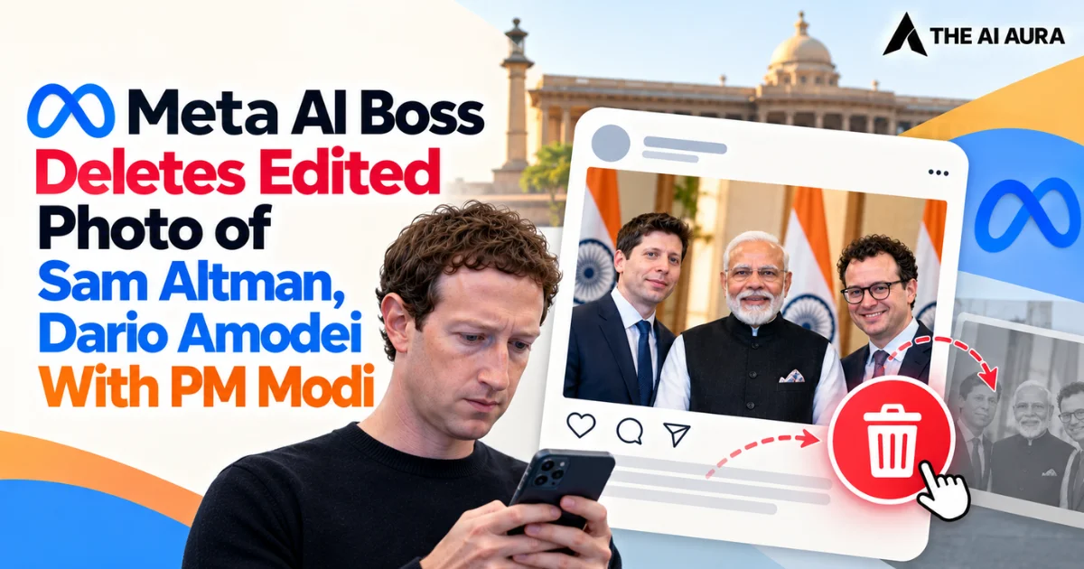 Meta AI boss deletes edited photo of Sam Altman, Dario Amodei, and PM Modi.