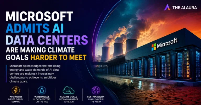 Microsoft data center with cooling towers and headline text about AI data centers making climate goals harder to meet.