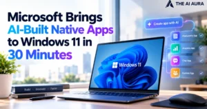 Microsoft brings AI-built native apps to Windows 11 in 30 minutes, shown on a laptop with AI app creation features.