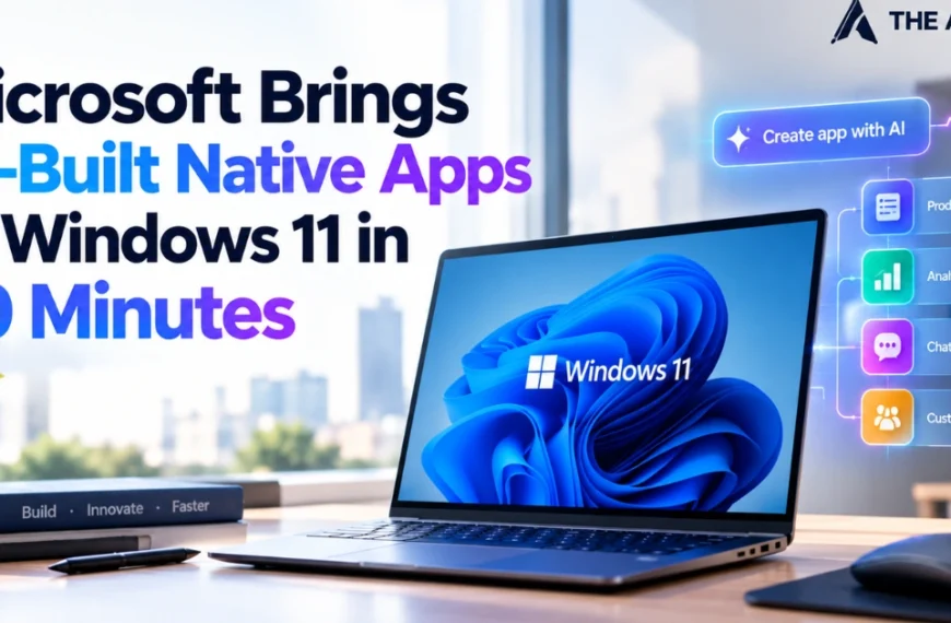 Microsoft brings AI-built native apps to Windows 11 in 30 minutes, shown on a laptop with AI app creation features.