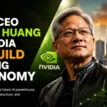 NVIDIA CEO Jensen Huang featured with an India skyline and flag, highlighting India’s potential to build a strong AI economy.