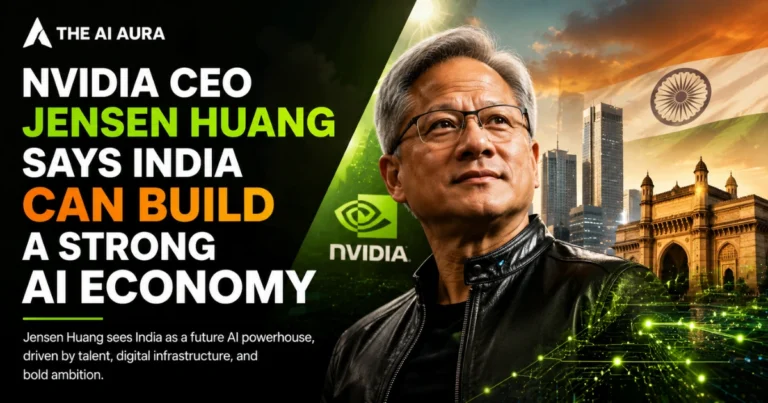 NVIDIA CEO Jensen Huang featured with an India skyline and flag, highlighting India’s potential to build a strong AI economy.